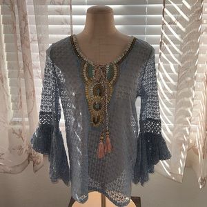 NEW! La Bellum by Hillary Scott Blue Lace Top with intricate Bead Detail